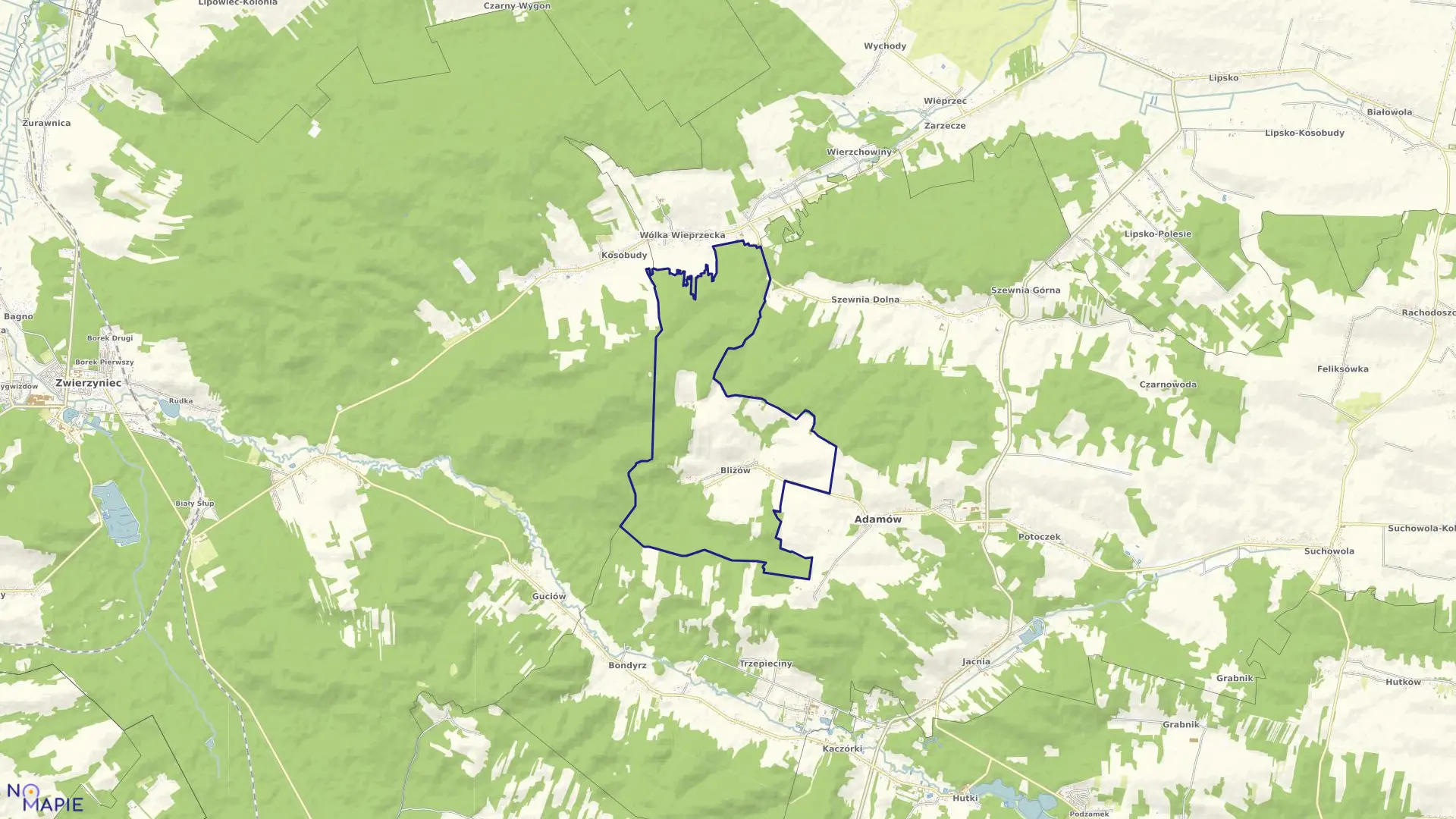 Mapa obrębu Bliżów w gminie Adamów