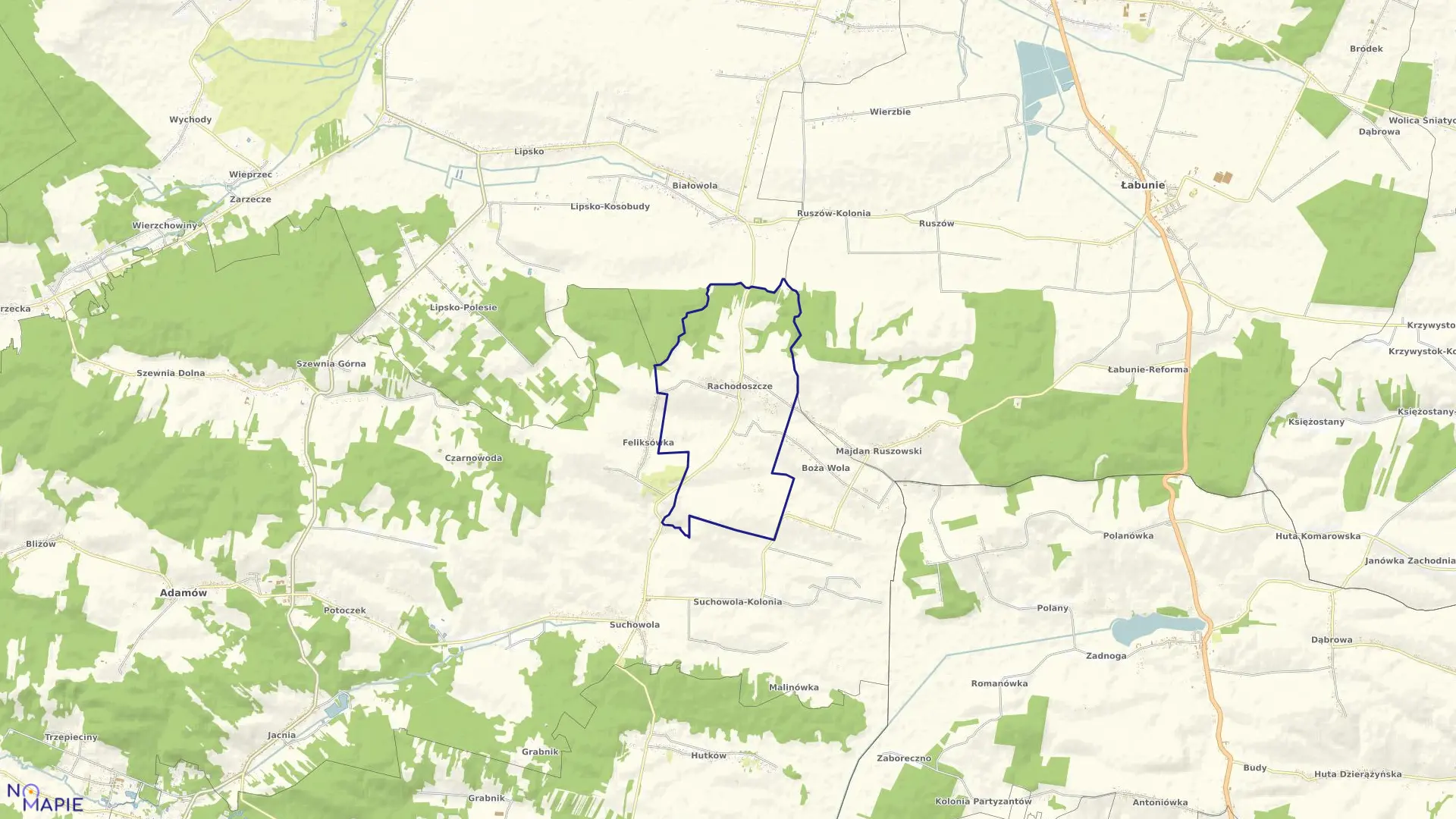 Mapa obrębu Rachodoszcze w gminie Adamów