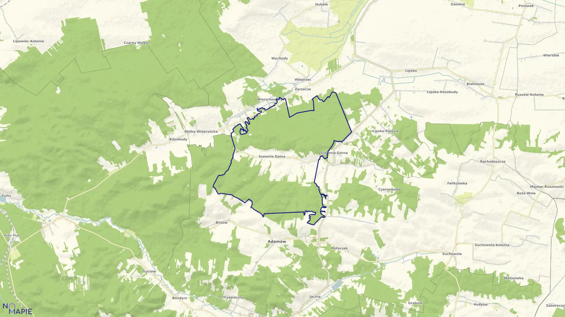 Mapa obrębu Szewnia Dolna w gminie Adamów